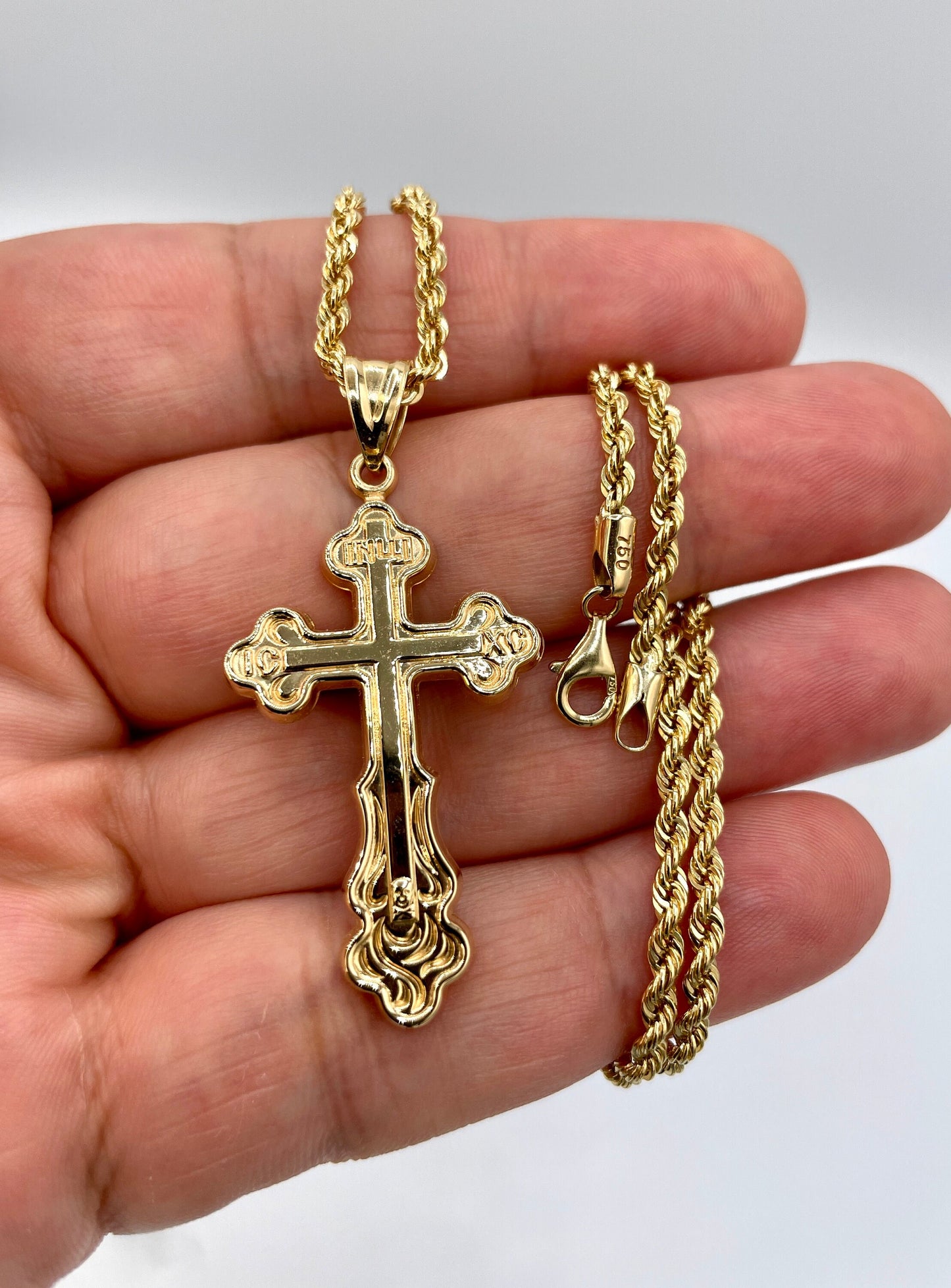 Solid 18K Cross Necklace Gold,Solid Rope Chain Necklace,Real 18k Gold,Birthday Gift,Gift For Men/Women.