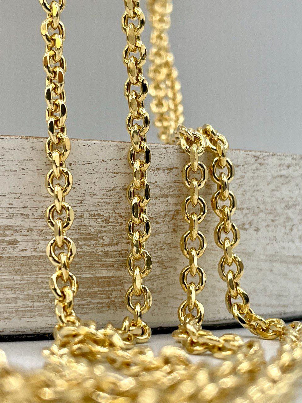 14K Solid Gold Rolo Chain Necklace,Pure 14K Solid Gold Rolo Diamond Cut for Women/Men, Heavy Gold Chain, 4MM Thick, Real 14K Yellow Gold!