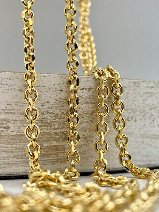 14K Solid Gold Rolo Chain Necklace,Pure 14K Solid Gold Rolo Diamond Cut for Women/Men, Heavy Gold Chain, 4MM Thick, Real 14K Yellow Gold!