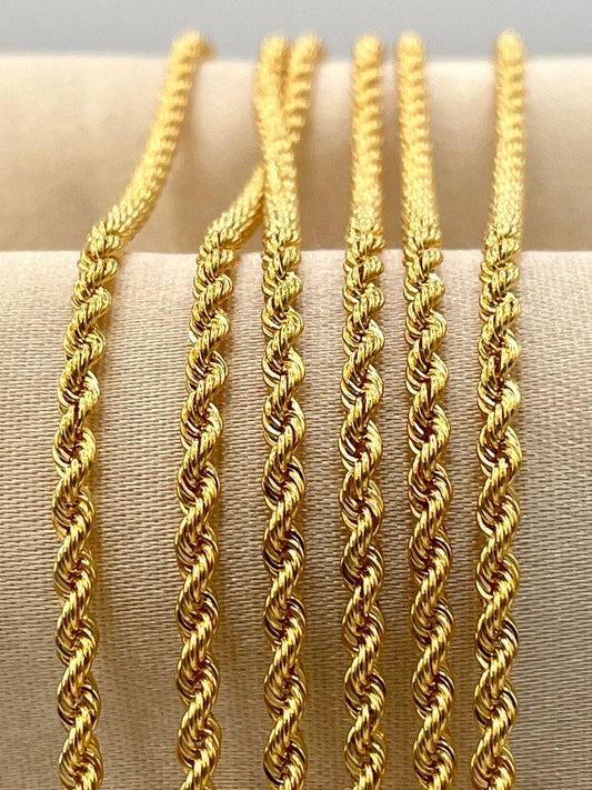 14K Solid Gold Rope Chain Necklace, 14K Yellow Solid Gold Rope Chain, Diamond-cut 3mm Thick 23.5"- 27.3/4" Lengths Genuine Gold Chain!
