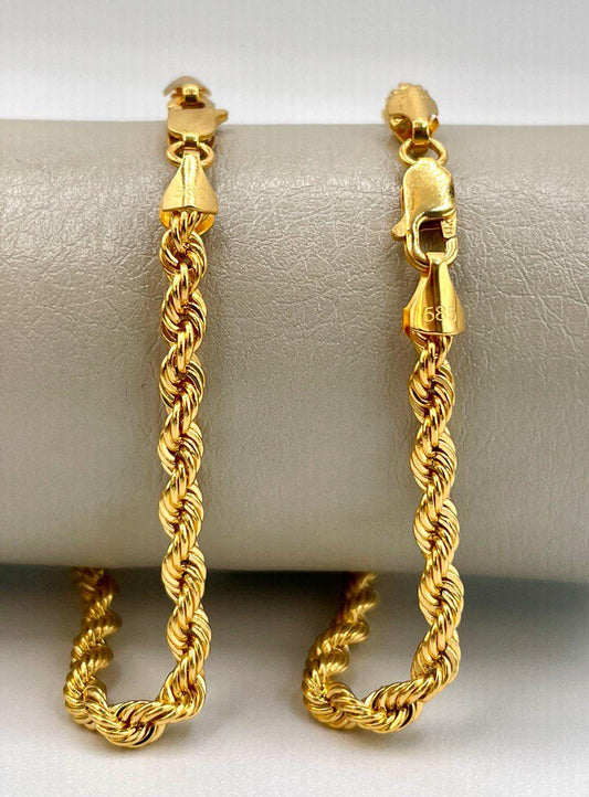14K Solid Gold Rope Chain Bracelet, Yellow 14K Rope Bracelet Thick (4MM) for Men & Women, 14K Pure Gold, 7.5" Length, Birthday Gift!