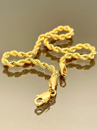 14K Solid Gold Rope Chain Bracelet, Yellow 14K Rope Bracelet Thick 3mm for Men & Women, 14K Pure Gold,  7.5" Length, Birthday Gift!