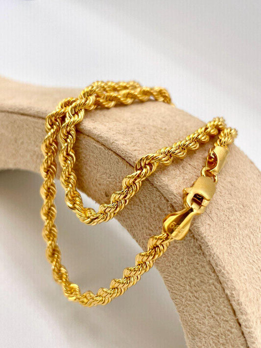 14K Solid Gold Rope Chain Bracelet, Yellow 14K Rope Bracelet Thick (4MM) for Men & Women, 14K Pure Gold, 7.5" Length, Birthday Gift!