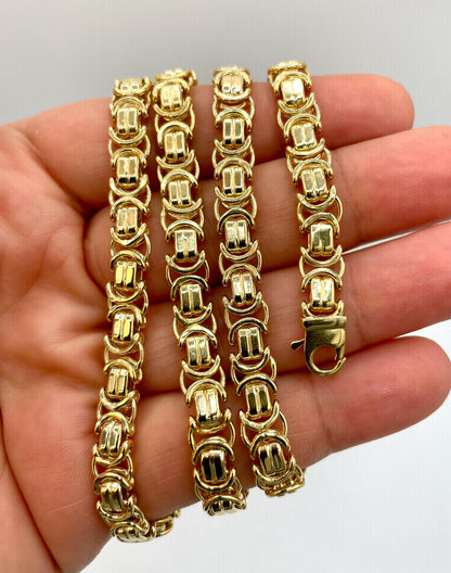 14K Solid Gold Byzantine Chain Necklace, 8mm- 25.5" 14K Solid Gold Links Byzantine King Necklace,Real 14K Yellow Gold Luxury Chain Necklace!