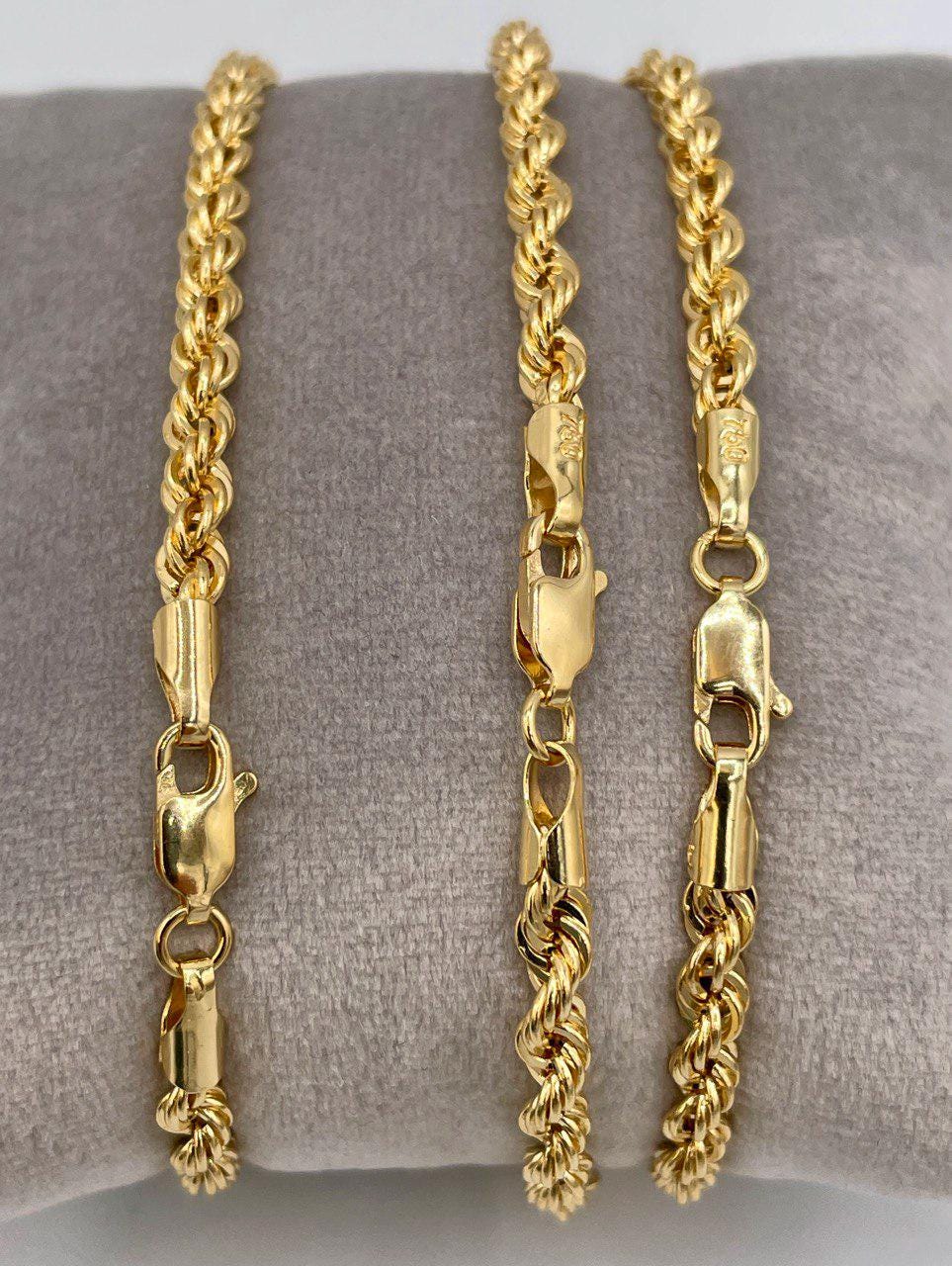 18K Solid Gold Rope Bracelet Chain, Yellow 18K Rope Bracelet Thick Twisted for Men/Women, 18K Pure Gold, 4mm, 7.5"- 8" Birthday Gift!