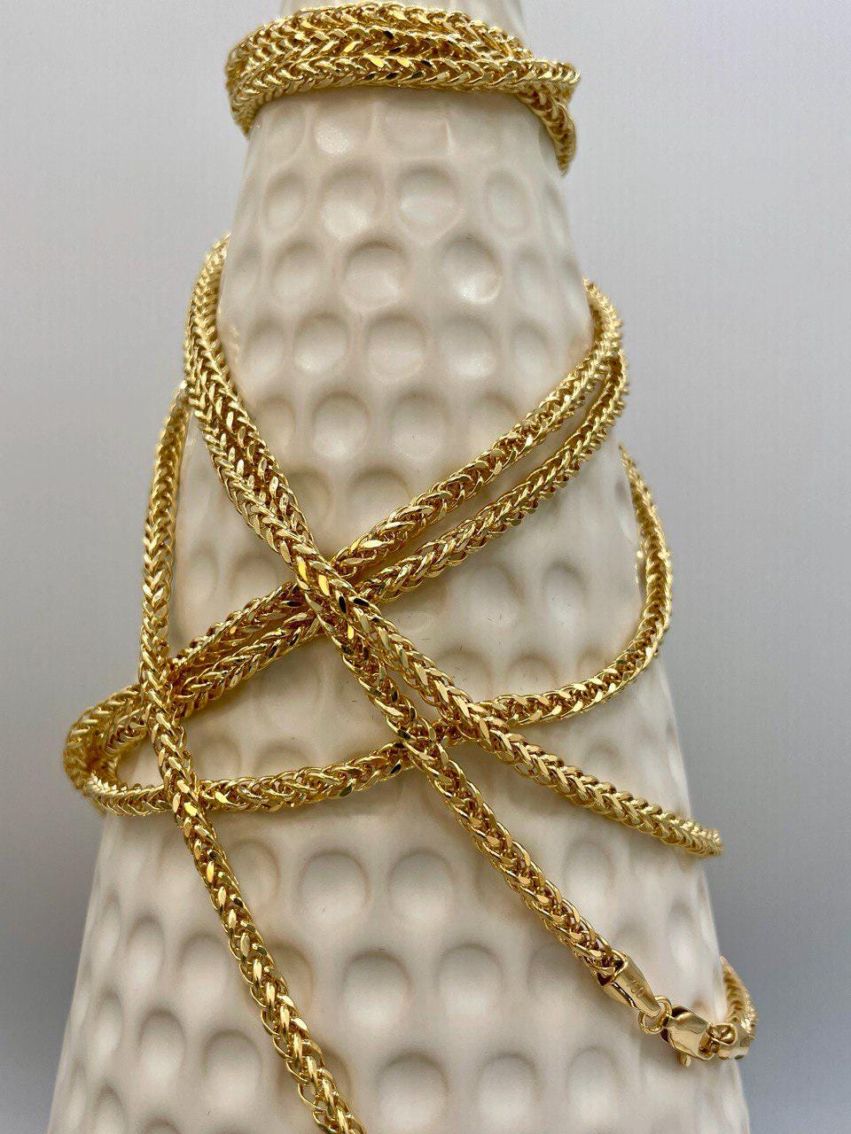 18K Solid Gold Franco Chain Necklace, Real 18K Gold Wheat Foxtail Chain, 3 mm_22"- 26" Real Gold Chain for Men/Woman, Gift For Her/Him!