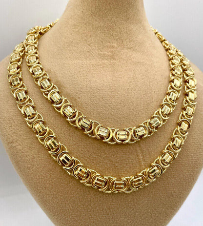 14K Solid Gold Byzantine Chain Necklace, 8mm- 25.5" 14K Solid Gold Links Byzantine King Necklace,Real 14K Yellow Gold Luxury Chain Necklace!