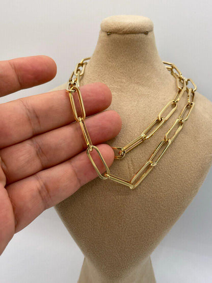 14K Solid Gold Paperclip Necklace, Real 14K Yellow Gold Paperclip Chain, Gold Links Necklace, 7MM Thick, Real Gold Chain For Men & Women!