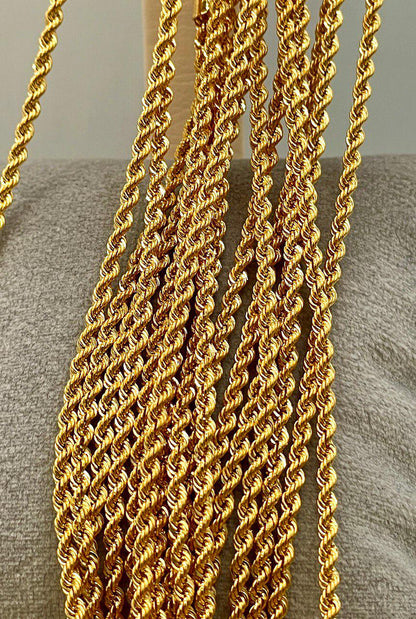 14K Yellow Gold Rope Chain Diamond cut Necklace, 25.5" - 29.5"Length , 2mm Thickness For Her/Him
