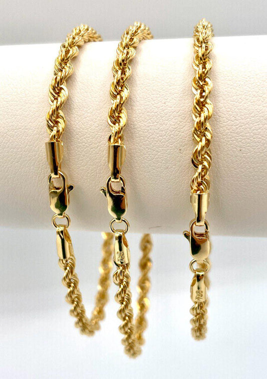 18K Solid Gold Rope Bracelet Chain, Yellow 18K Rope Bracelet Thick Twisted for Men/Women, 18K Pure Gold, 4mm, 7.5"- 8" Birthday Gift!