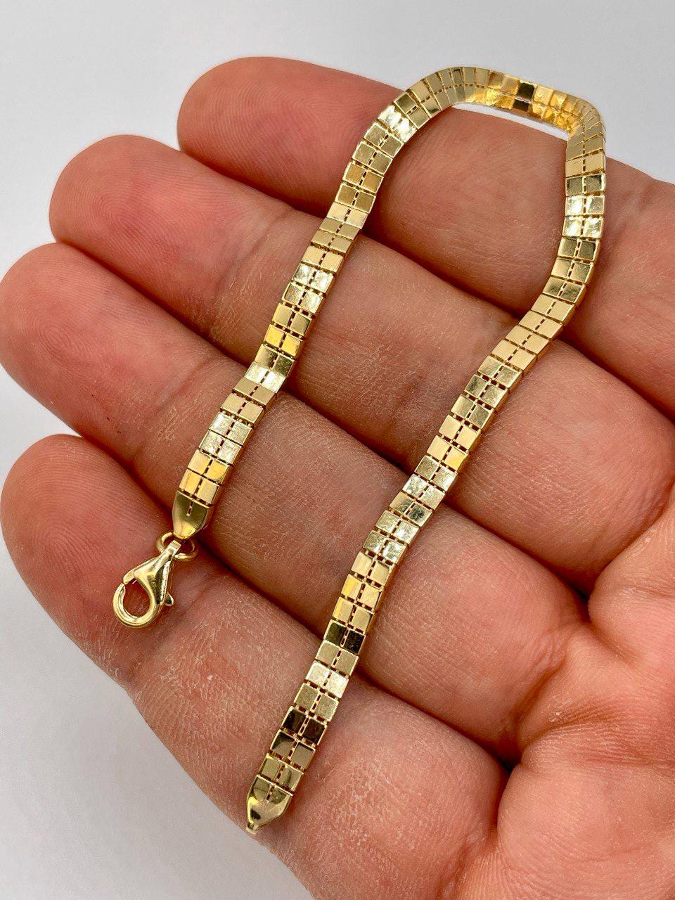 18K Solid Gold Box Tight links Chain Bracelet,18K Yellow Gold Box Link Chains,Fine Woven Bracelet,4MM Thick,Real 18K Gold Chain  Men/ Women!