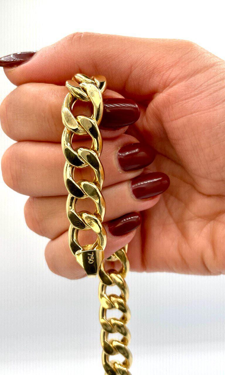 18K Solid Gold Curb Bracelet Chain, Real 18K Gold Miami Cuban Link Bracelet,13 mm thickness Gold Bracelet for Men& Women, Gift for Him/Her!