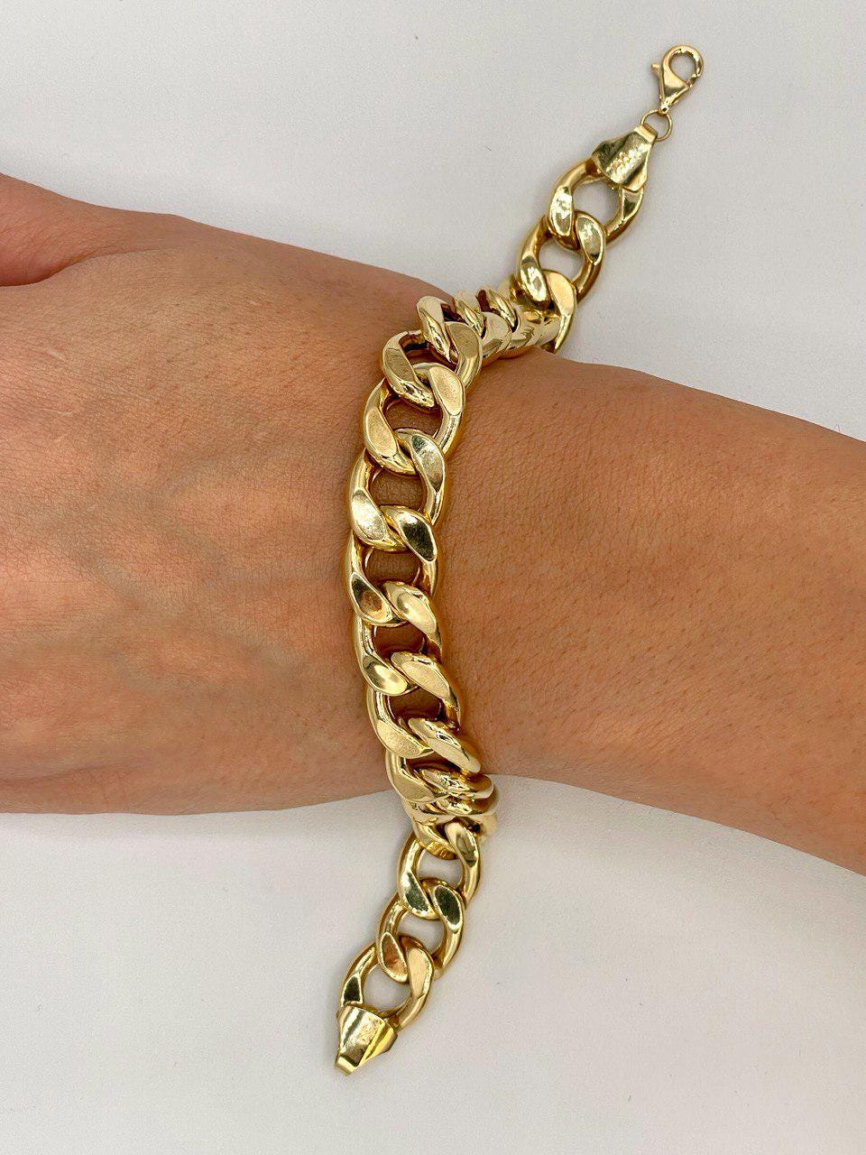 18K Solid Gold Curb Bracelet Chain, Real 18K Gold Miami Cuban Link Bracelet,13 mm thickness Gold Bracelet for Men& Women, Gift for Him/Her!