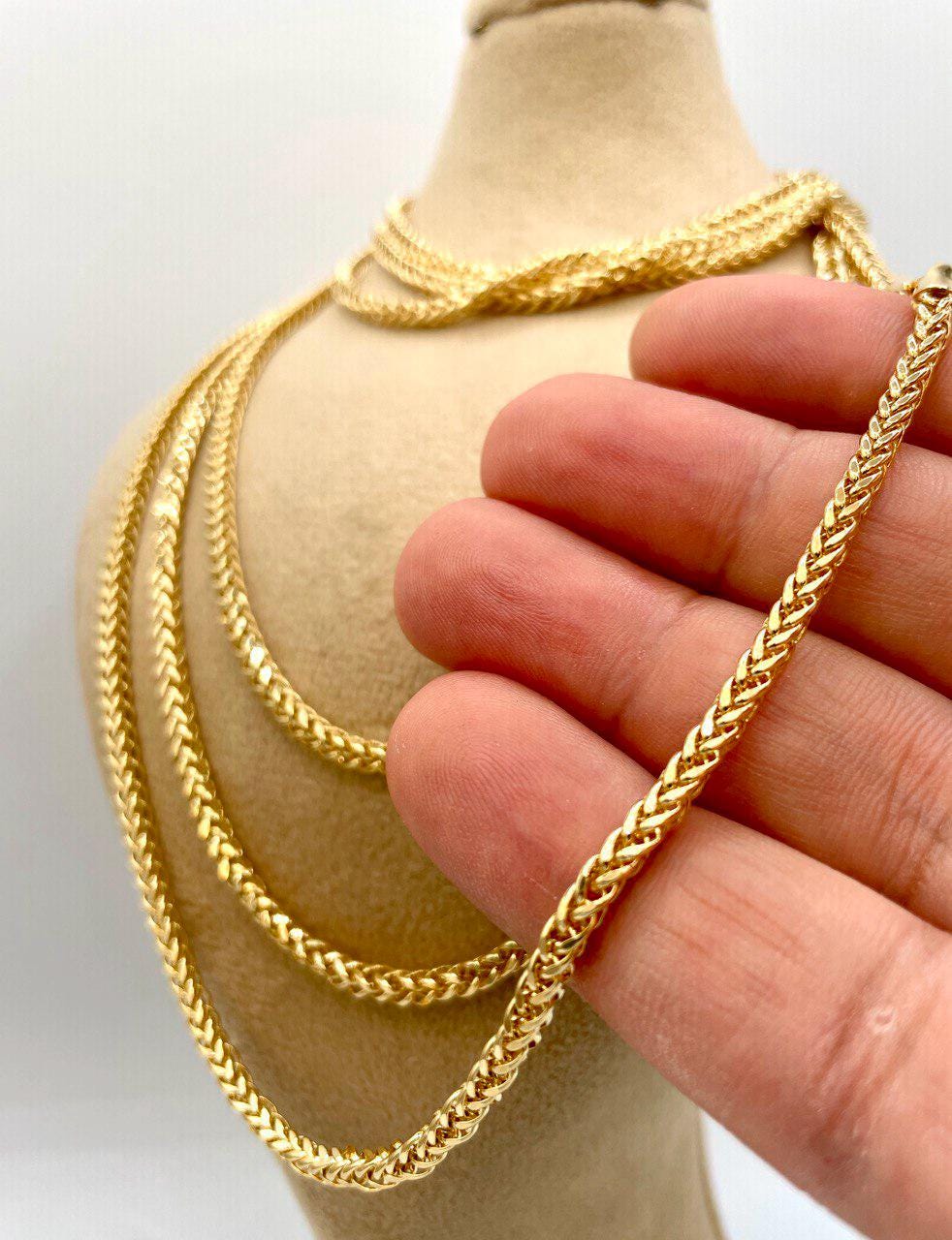 18K Solid Gold Franco Chain Necklace, Real 18K Gold Wheat Foxtail Chain, 3 mm_22"- 26" Real Gold Chain for Men/Woman, Gift For Her/Him!