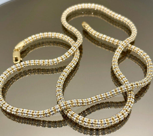 18K Solid Gold Ice Chain Necklace, 18K Yellow and White Gold Round Ice Chain, Diamond-cut, 4MM_ 24", Real Gold Chain For Men/Women, Gift!