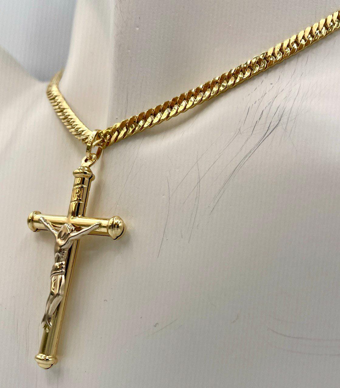 18K Solid Gold Crucifix Cross Necklace, 18K Real Gold Cross Pendant, Curb Chain, Elegant Unisex 18K Solid Gold Cross Necklace for Him/Her!