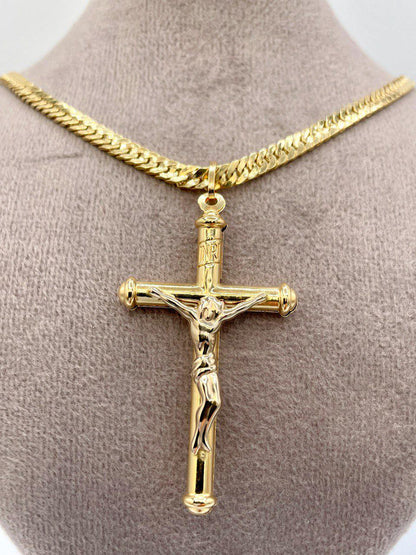 18K Solid Gold Crucifix Cross Necklace, 18K Real Gold Cross Pendant, Curb Chain, Elegant Unisex 18K Solid Gold Cross Necklace for Him/Her!