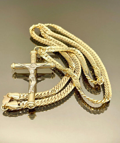 18K Solid Gold Crucifix Cross Necklace, 18K Real Gold Cross Pendant, Curb Chain, Elegant Unisex 18K Solid Gold Cross Necklace for Him/Her!