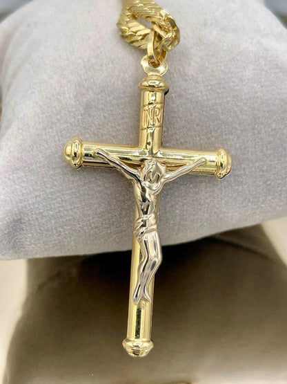 18K Solid Gold Crucifix Cross Necklace, 18K Real Gold Cross Pendant, Curb Chain, Elegant Unisex 18K Solid Gold Cross Necklace for Him/Her!
