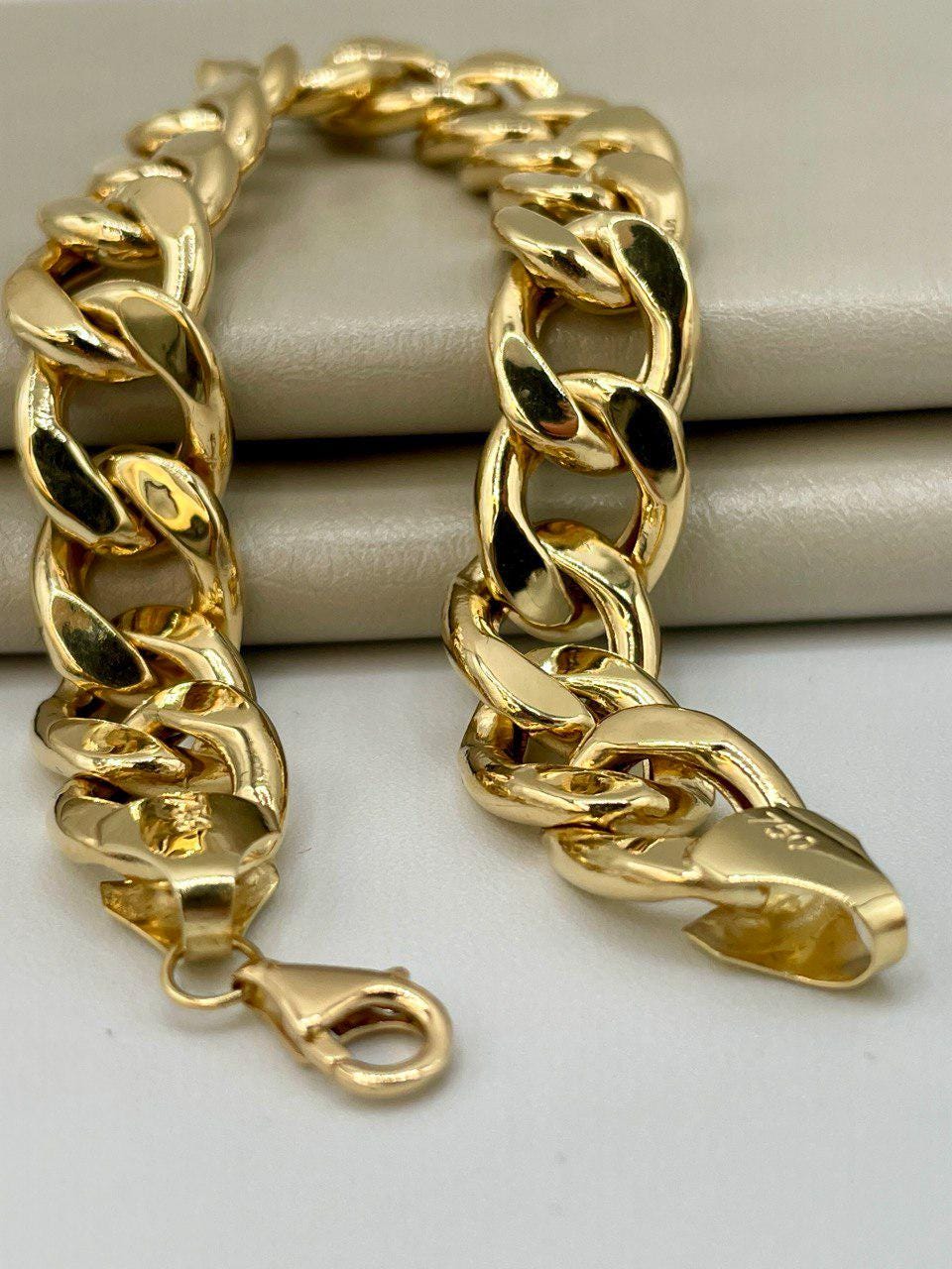 18K Solid Gold Curb Bracelet Chain, Real 18K Gold Miami Cuban Link Bracelet,13 mm thickness Gold Bracelet for Men& Women, Gift for Him/Her!