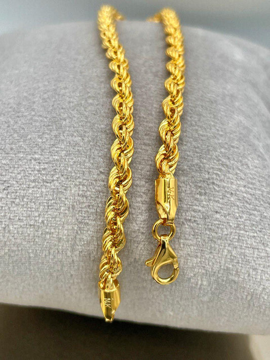 14K Solid Gold Rope Chain Bracelet, Yellow 14K Rope Bracelet Thick (3.6MM) for Men & Women, 14K Pure Gold, 7.5"/8" Length, Birthday Gift!