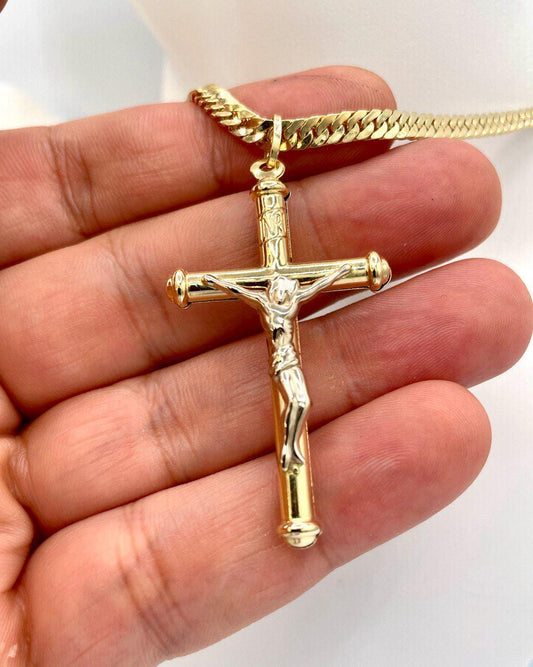 18K Solid Gold Crucifix Cross Necklace, 18K Real Gold Cross Pendant, Curb Chain, Elegant Unisex 18K Solid Gold Cross Necklace for Him/Her!