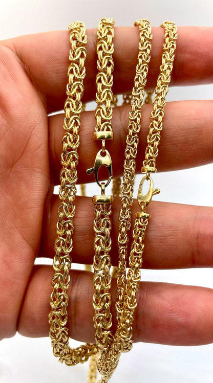 14K Solid Gold Byzantine  Flat Chain Necklace,4mm/5.5mm 14K Solid Gold Links Byzantine  Necklace,Real 14K Yellow Gold Luxury Chain Necklace!