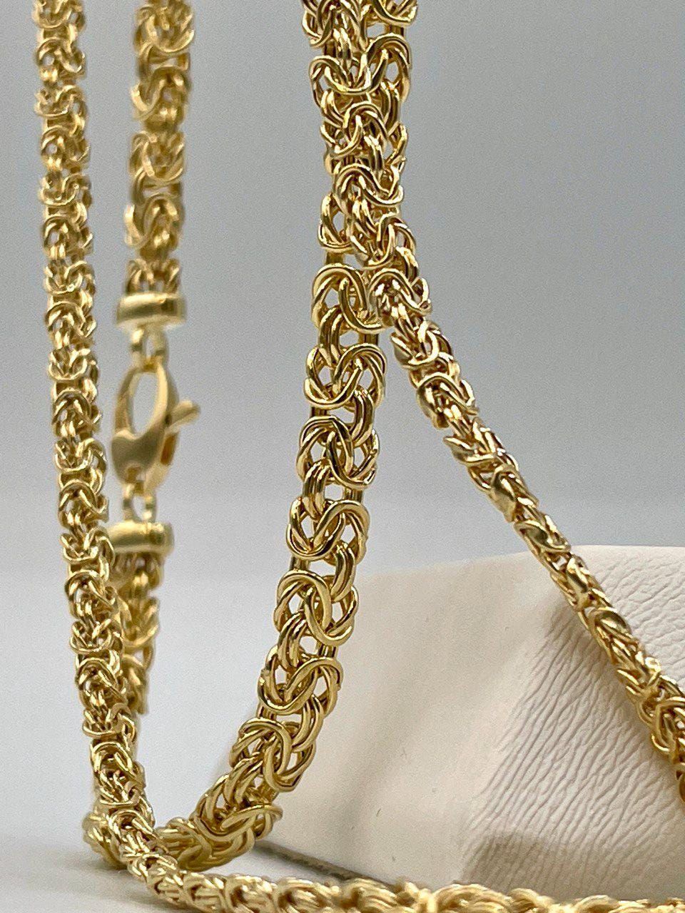 14K Solid Gold Byzantine  Flat Chain Necklace,4mm/5.5mm 14K Solid Gold Links Byzantine  Necklace,Real 14K Yellow Gold Luxury Chain Necklace!