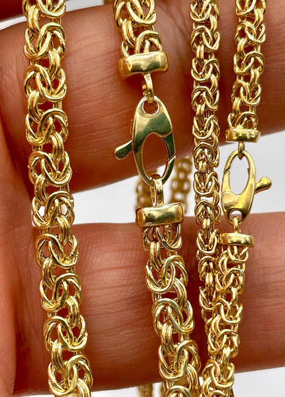14K Solid Gold Byzantine  Flat Chain Necklace,4mm/5.5mm 14K Solid Gold Links Byzantine  Necklace,Real 14K Yellow Gold Luxury Chain Necklace!