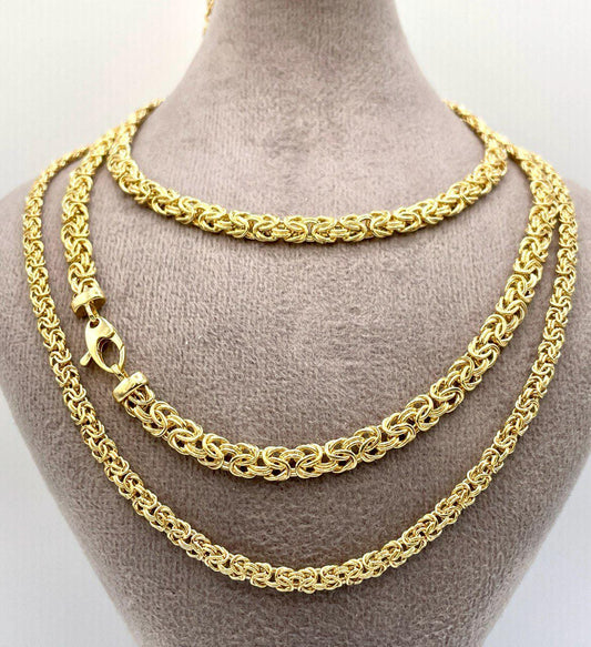 14K Solid Gold Byzantine  Flat Chain Necklace,4mm/5.5mm 14K Solid Gold Links Byzantine  Necklace,Real 14K Yellow Gold Luxury Chain Necklace!