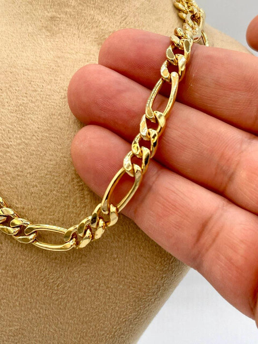 18K Figaro Chain Gold,Real Gold Necklace,7 mm Thickness, Link Chain Necklace Gold,For Her/Him
