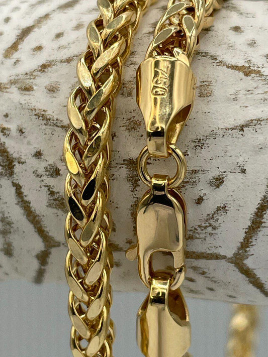 18K Solid Gold Franco Chain Necklace, Real 18K Gold Wheat Foxtail Chain, 3.5 mm_22"- 23.5" Real Gold Chain for Men/Woman, Gift For Her/Him!
