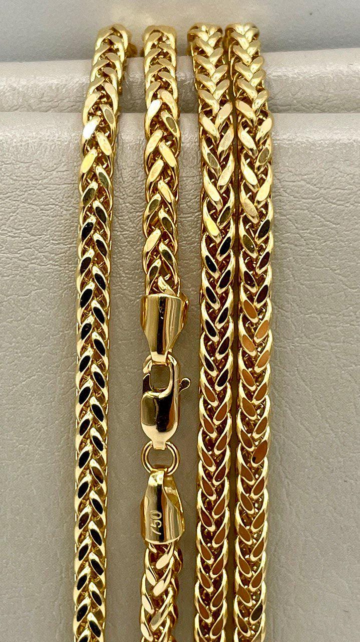18K Solid Gold Franco Chain Necklace, Real 18K Gold Wheat Foxtail Chain, 3.5 mm_22"- 23.5" Real Gold Chain for Men/Woman, Gift For Her/Him!