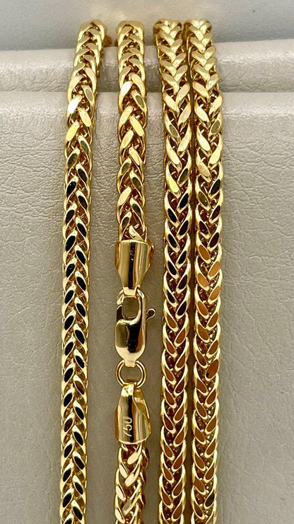 18K Solid Gold Franco Chain Necklace, Real 18K Gold Wheat Foxtail Chain, 3.5 mm_22"- 23.5" Real Gold Chain for Men/Woman, Gift For Her/Him!