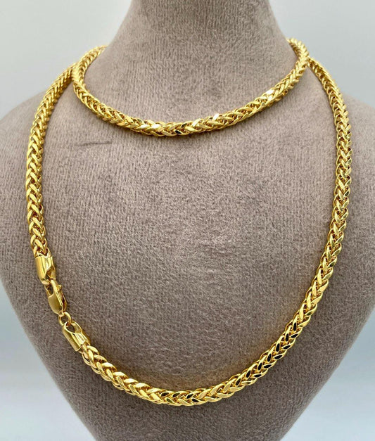 18K Solid Gold Franco Chain Necklace, Real 18K Gold Wheat Foxtail Chain, 3.5 mm_22"- 23.5" Real Gold Chain for Men/Woman, Gift For Her/Him!