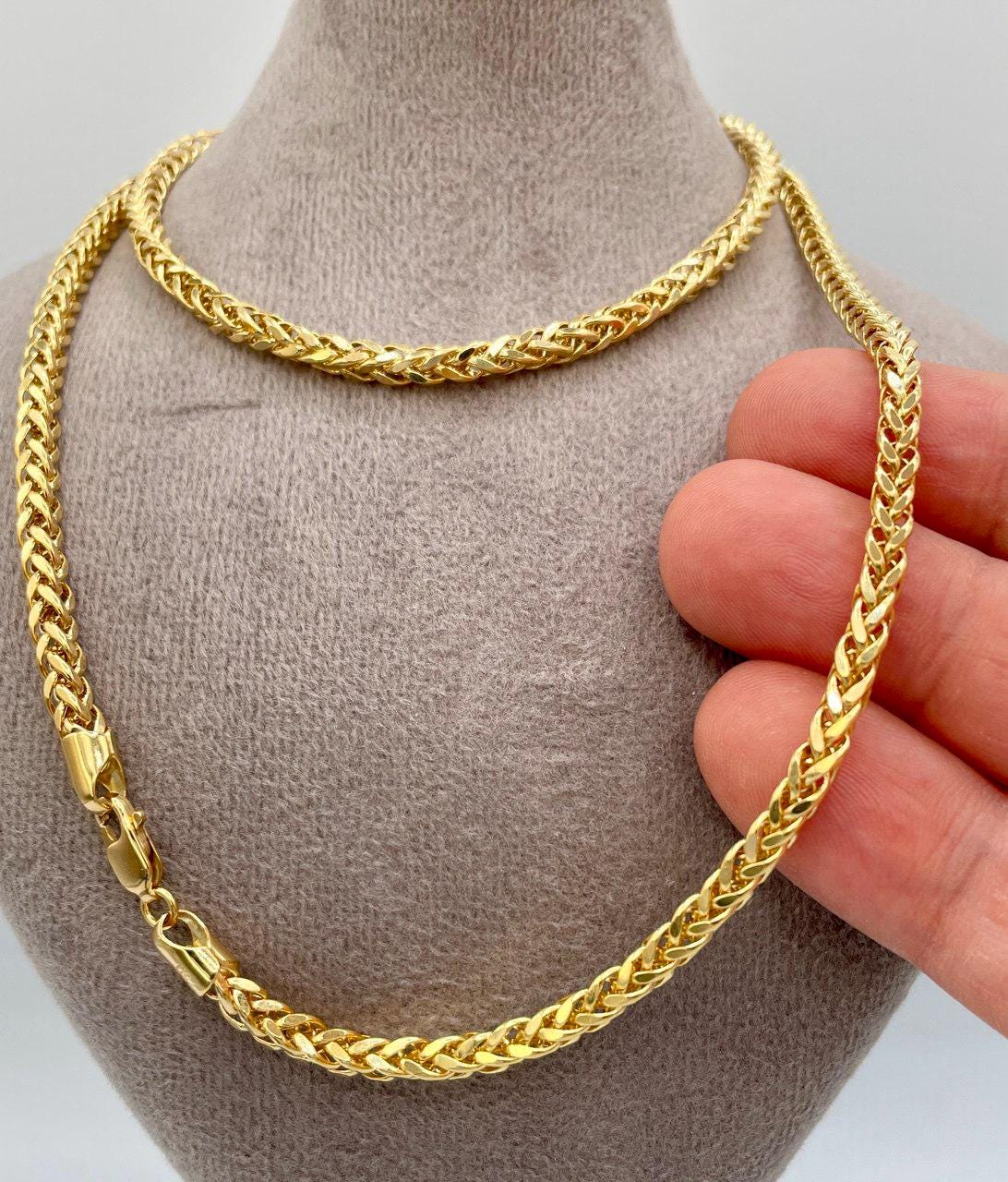 18K Solid Gold Franco Chain Necklace, Real 18K Gold Wheat Foxtail Chain, 3.5 mm_22"- 23.5" Real Gold Chain for Men/Woman, Gift For Her/Him!