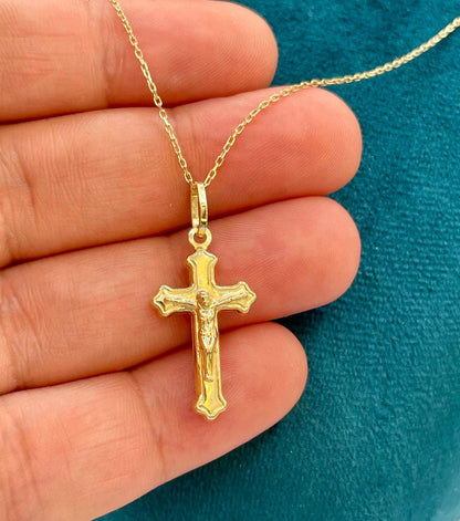 18K Solid Gold Cross Necklace, Real Gold Cable Chain, Dainty Gold Cross Pendant for Men & Women, Everyday Religious Jewelry