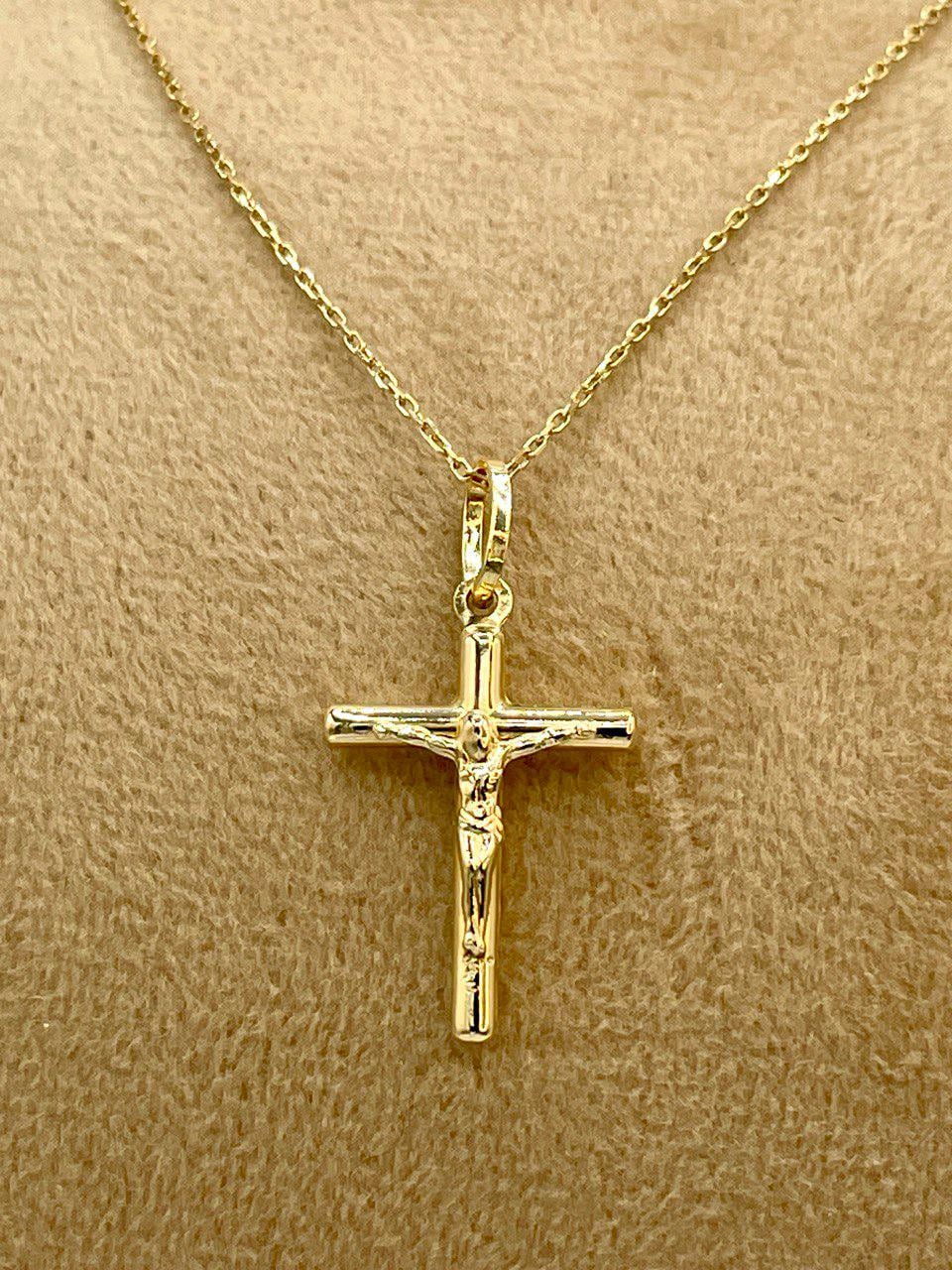 18K Gold Cross Necklace, Crucifix Necklace, Cable Chain Necklace,