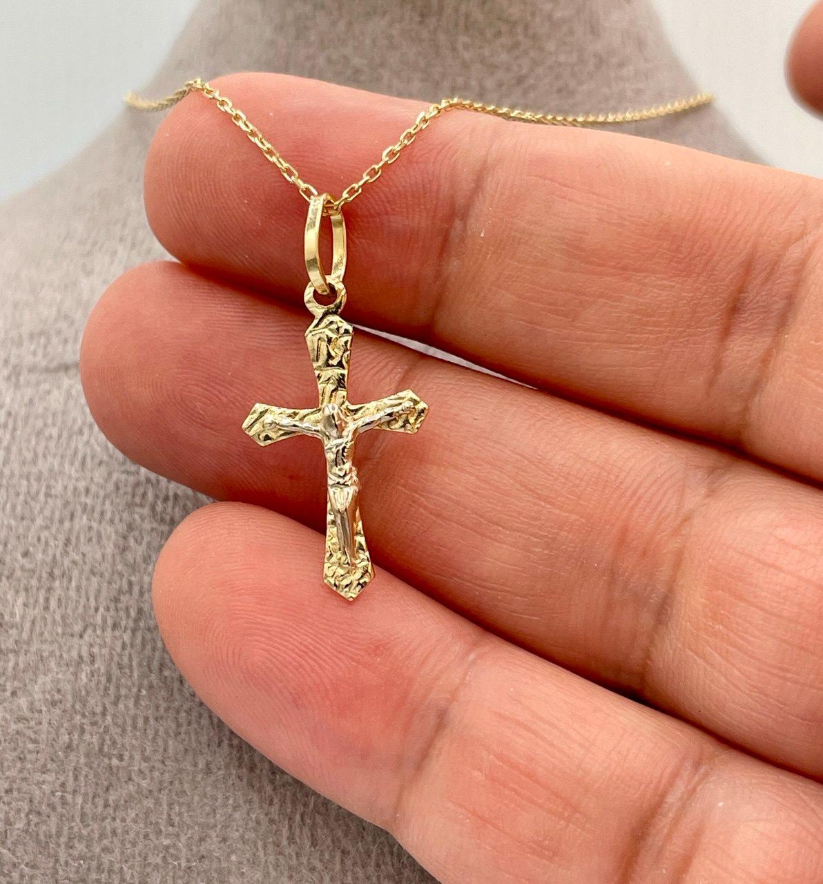 18K Solid Gold Cross and Cable Chain Necklace, Real Gold Crucifix Necklace, Gift For Her/Him Birthday Gift.