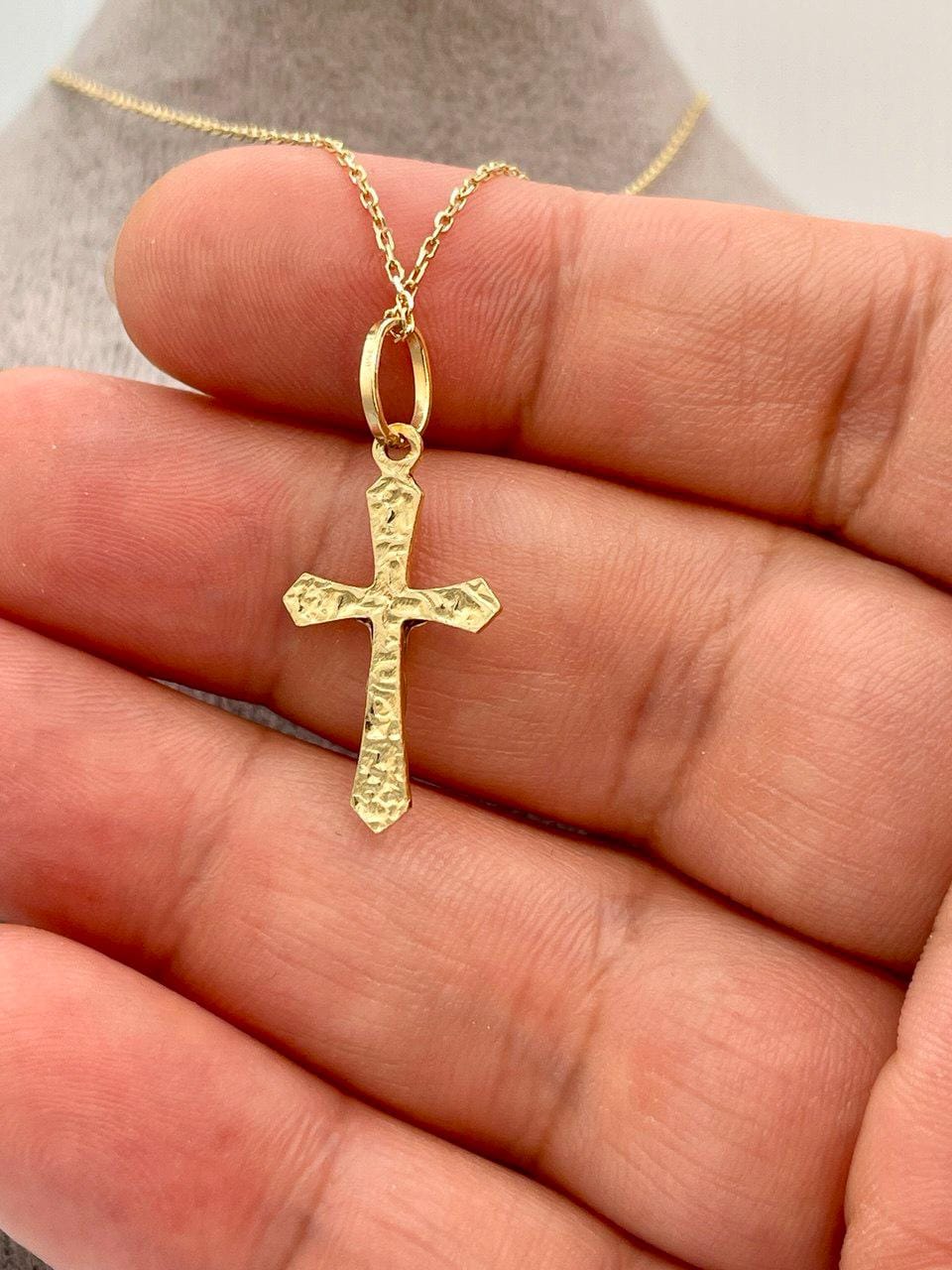 18K Solid Gold Cross and Cable Chain Necklace, Real Gold Crucifix Necklace, Gift For Her/Him Birthday Gift.