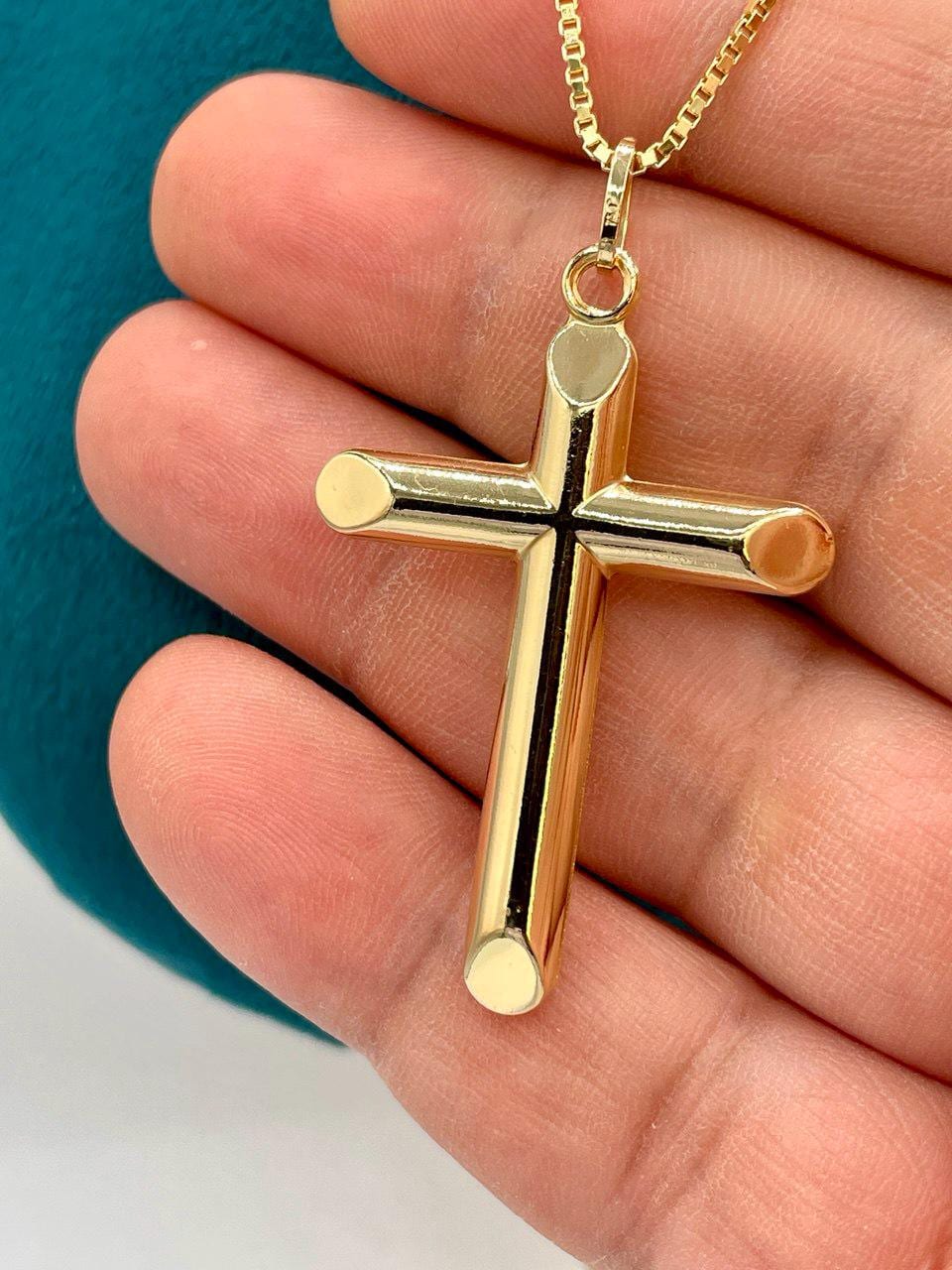 Luxury 18K Solid Gold Cross Pendant with Box Chain_Timeless & Elegant, Sleek Box Chain For Men/Women, Premium Quality Cross (2" inch)Height.