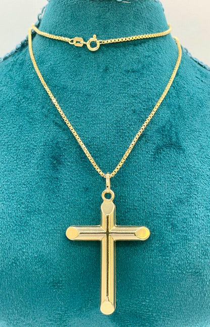 Luxury 18K Solid Gold Cross Pendant with Box Chain_Timeless & Elegant, Sleek Box Chain For Men/Women, Premium Quality Cross (2" inch)Height.