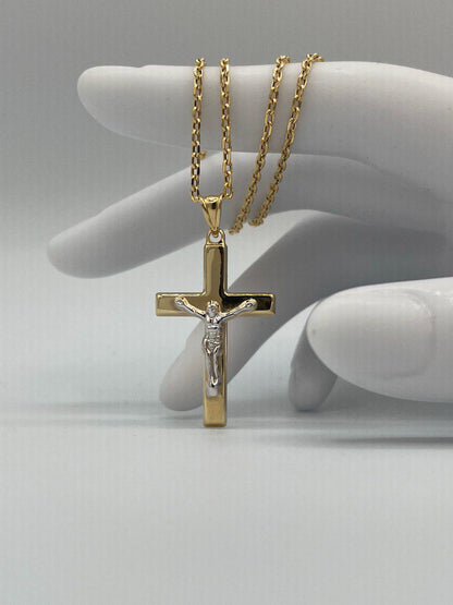 Solid  18K Cross Necklace Gold, Real Gold Crucifix & Necklace, Solid Cable Necklace(1.2 mm) Thickness, Gift For Her/Him!
