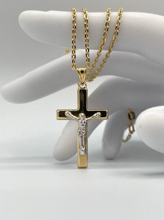 Solid  18K Cross Necklace Gold, Real Gold Crucifix & Necklace, Solid Cable Necklace(1.2 mm) Thickness, Gift For Her/Him!