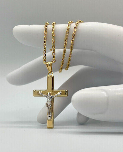 Solid  18K Cross Necklace Gold, Real Gold Crucifix & Necklace, Solid Cable Necklace(1.2 mm) Thickness, Gift For Her/Him!