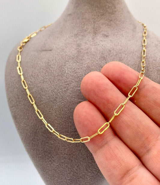 18K Solid Gold Paperclip Chain Necklace – Real 18K Yellow Gold – 2.5mm Thick, 20 Inch – Dainty Everyday Chain – Unisex Gold Necklace