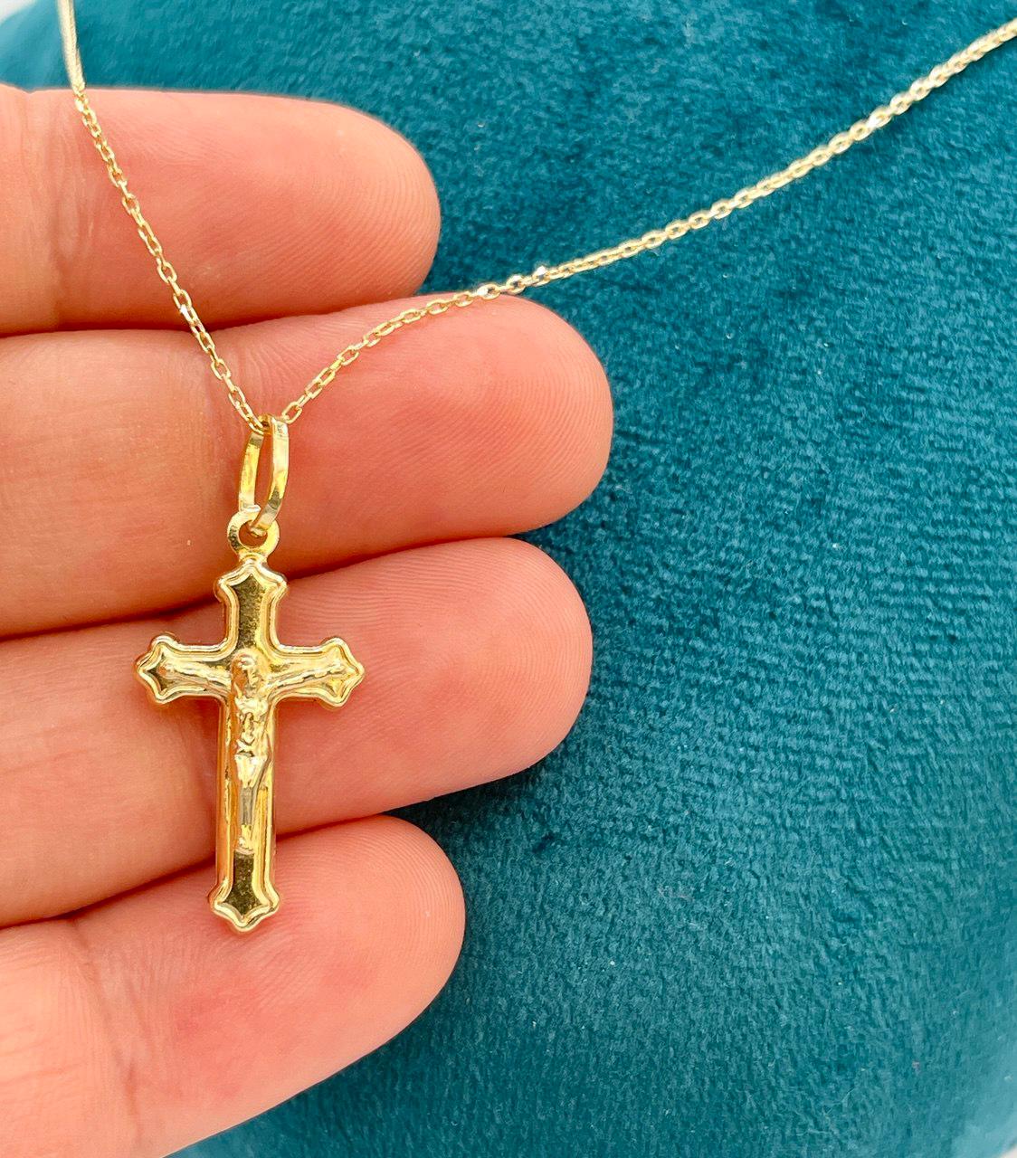 18K Solid Gold Cross Necklace, Real Gold Cable Chain, Dainty Gold Cross Pendant for Men & Women, Everyday Religious Jewelry