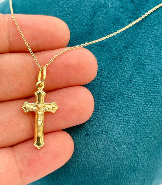 18K Solid Gold Cross Necklace, Real Gold Cable Chain, Dainty Gold Cross Pendant for Men & Women, Everyday Religious Jewelry