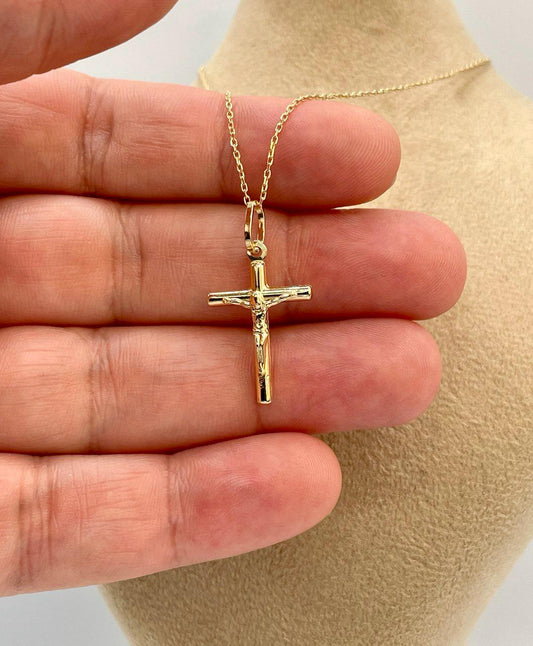 18K Gold Cross Necklace, Crucifix Necklace, Cable Chain Necklace,