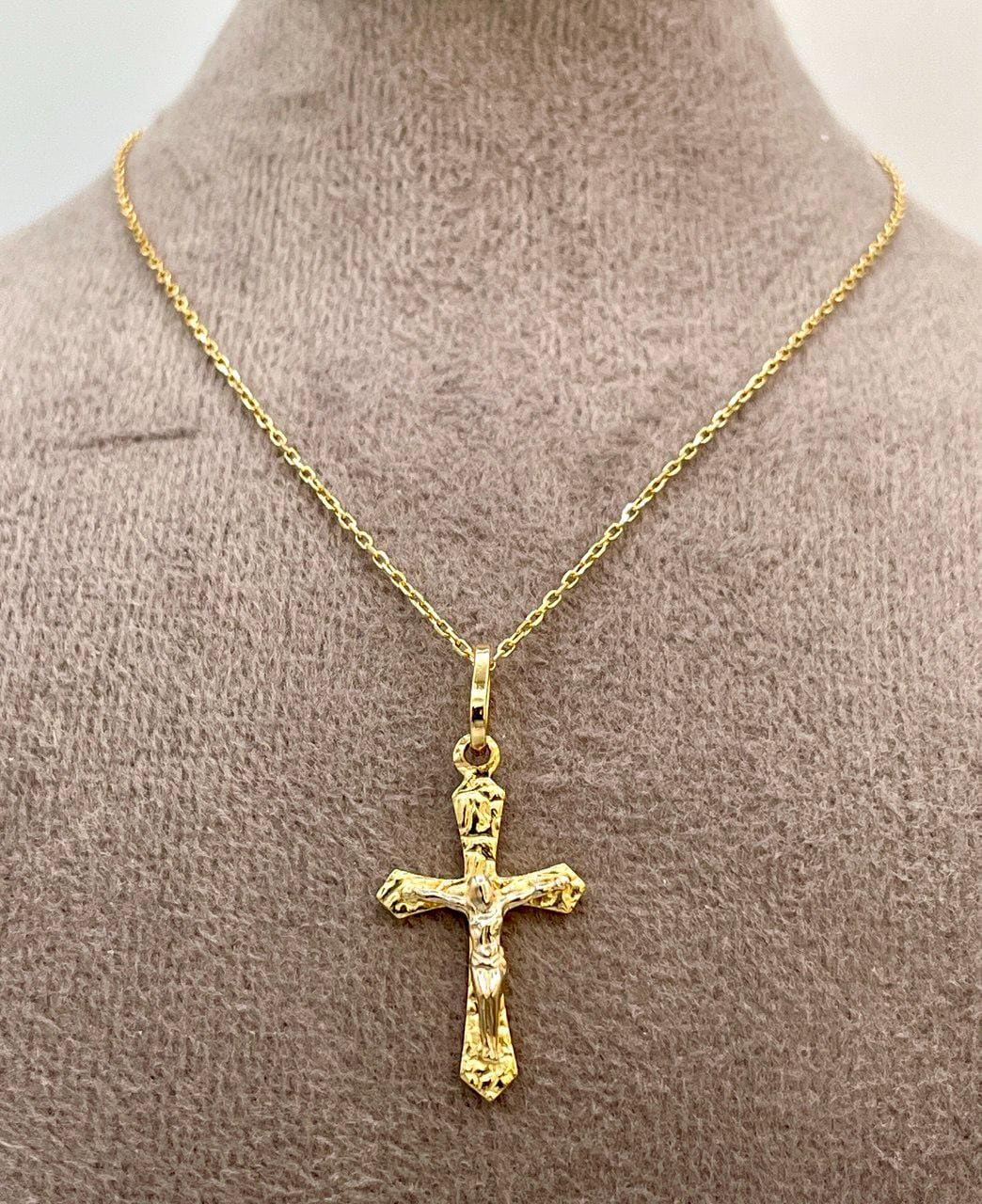 18K Solid Gold Cross and Cable Chain Necklace, Real Gold Crucifix Necklace, Gift For Her/Him Birthday Gift.